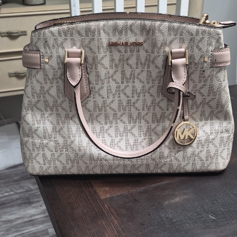 Michael Kors Beige Signature Logo Satchel with Pale Pink Trim